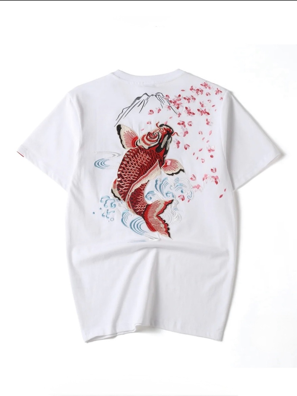 White Short-Sleeve Tee with Red Koi Fish Graphic